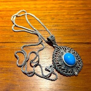 Sterling silver pendant w/ blue stone sterling silver chain 925 marked vintage